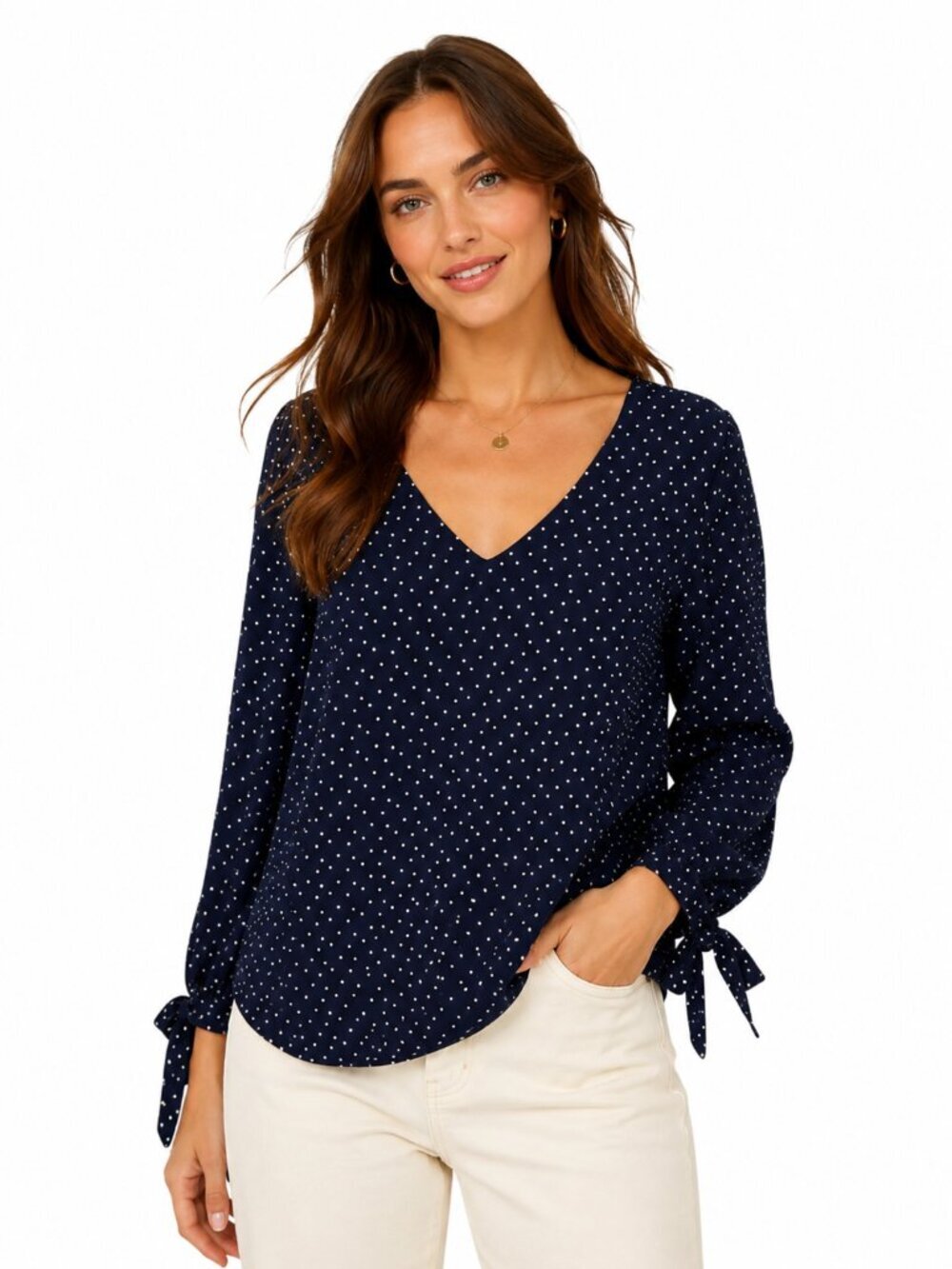 Anthropologie Maeve Womens Blue Pernille Tie-Sleeve Polka Dot Blouse Navy Size S